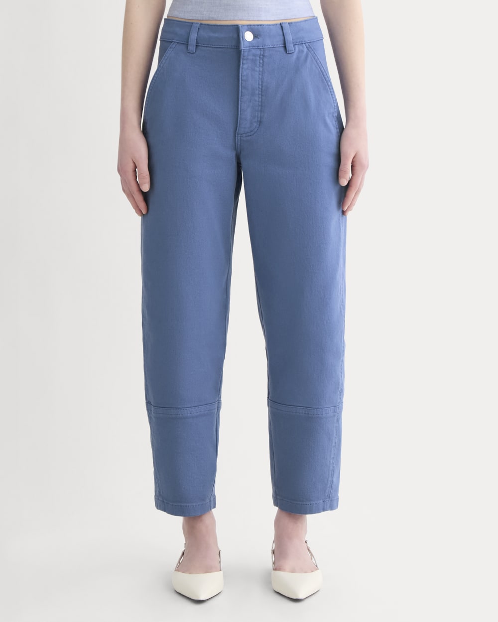 The Utility Barrel Pant in Cornflower Blue — detail view