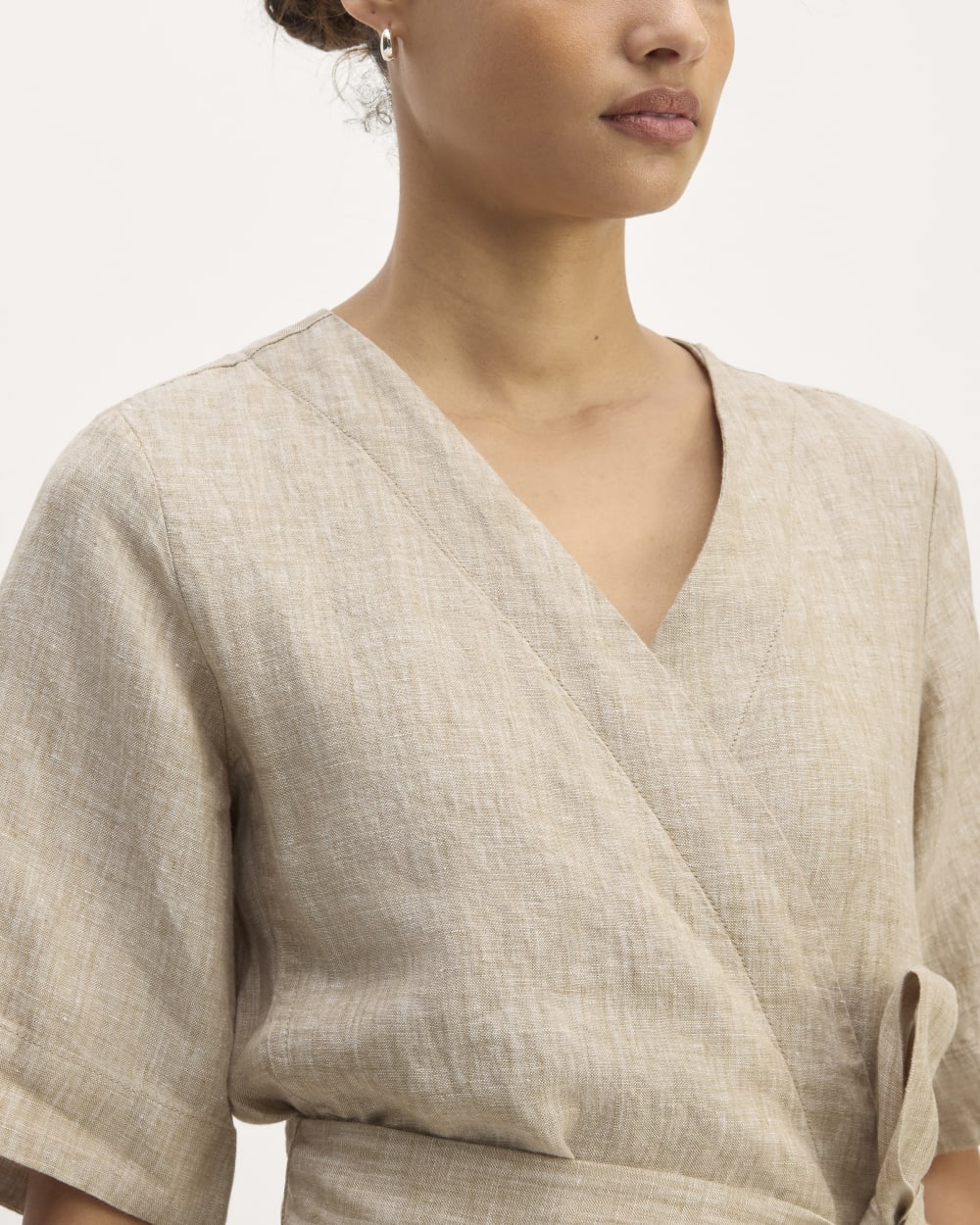 The Wrap Dress in Linen in Cornstalk Chambray — detail view