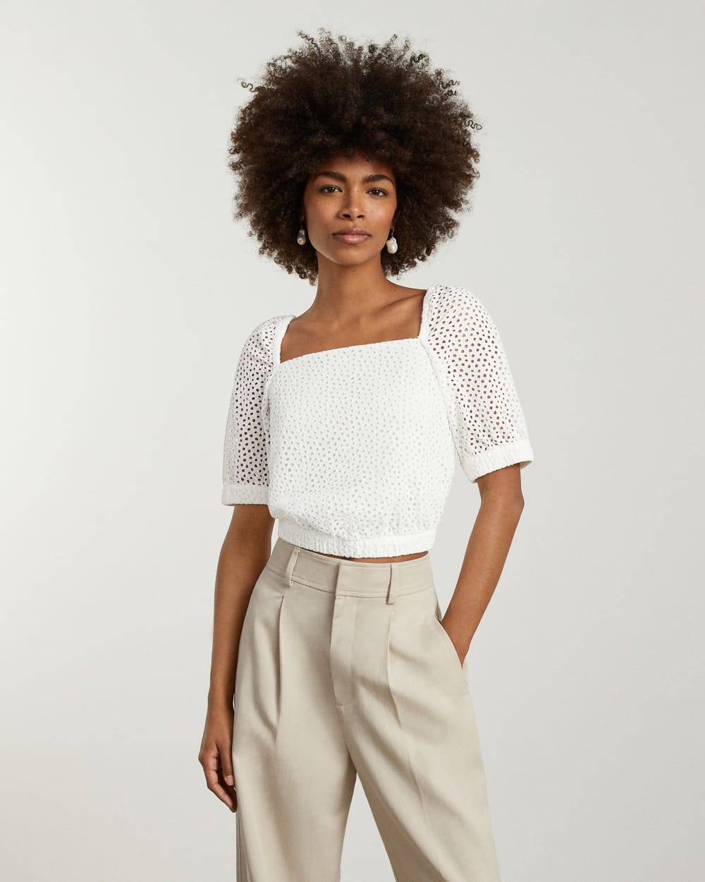 The Eyelet Puff Sleeve Top in White — detail view