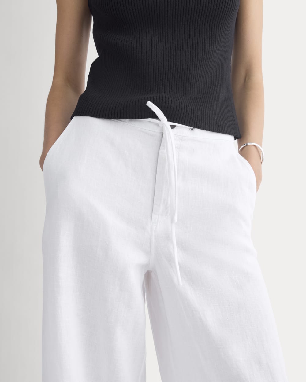 Wide-Leg Drawstring Pant in Linen in White — detail view