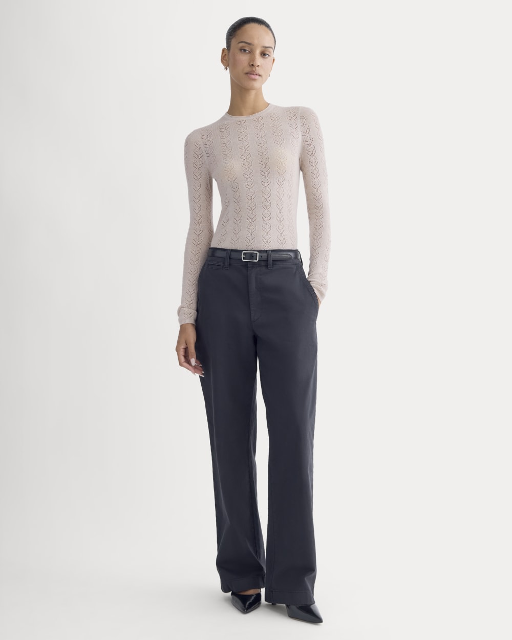 The Pointelle Crew in Ultrasoft Merino in Pale Blush — detail view