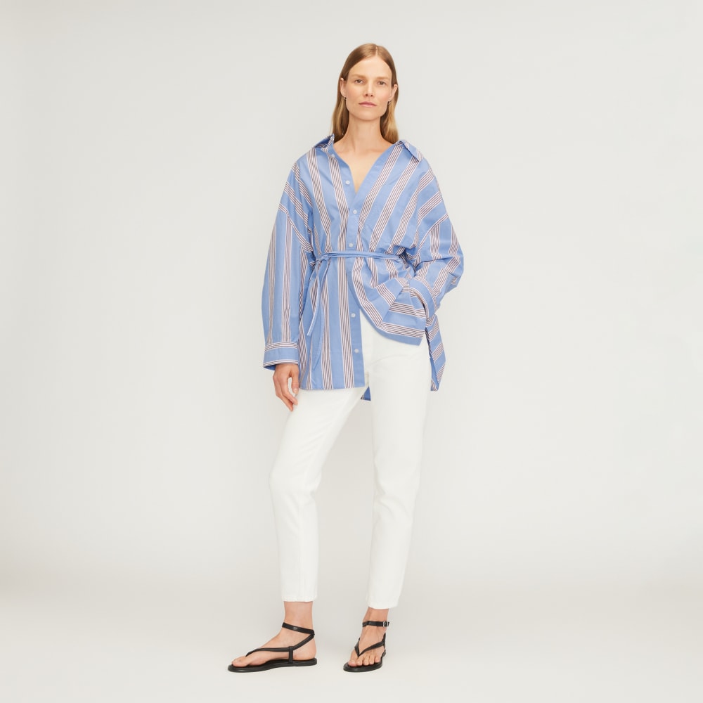 The Poplin Tie Back Shirt in Blue Opal / Cabernet / White — detail view