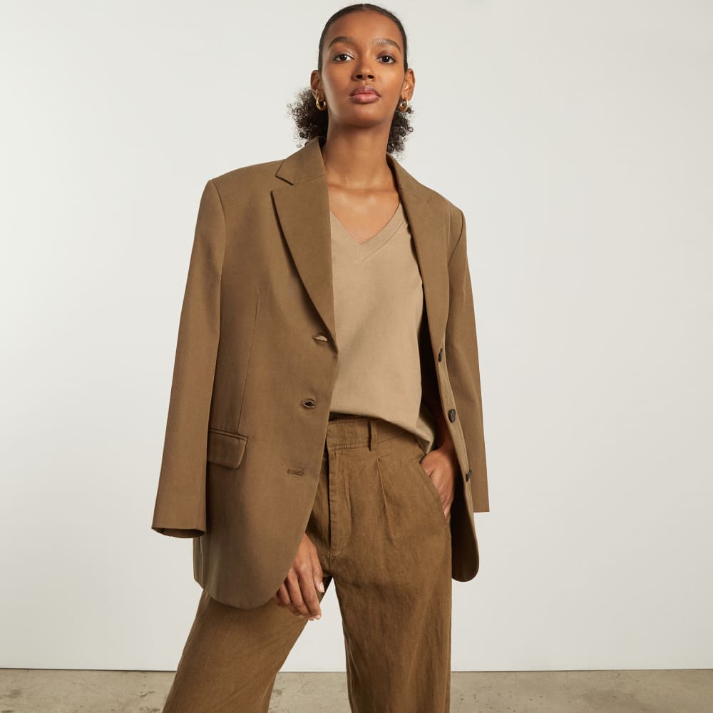 The Organic Cotton Slouchy V-Neck in Iced Coffee — detail view
