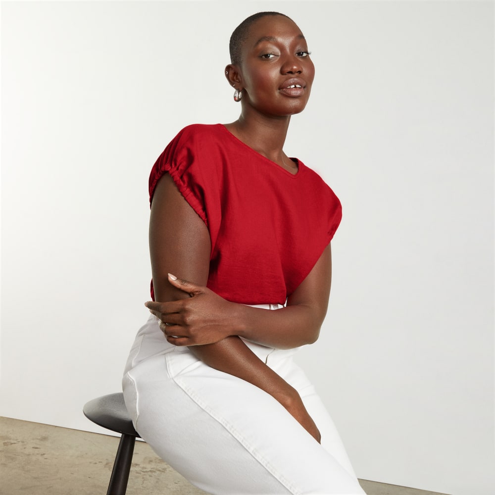 The Drawstring Tunic in Goji Berry — detail view