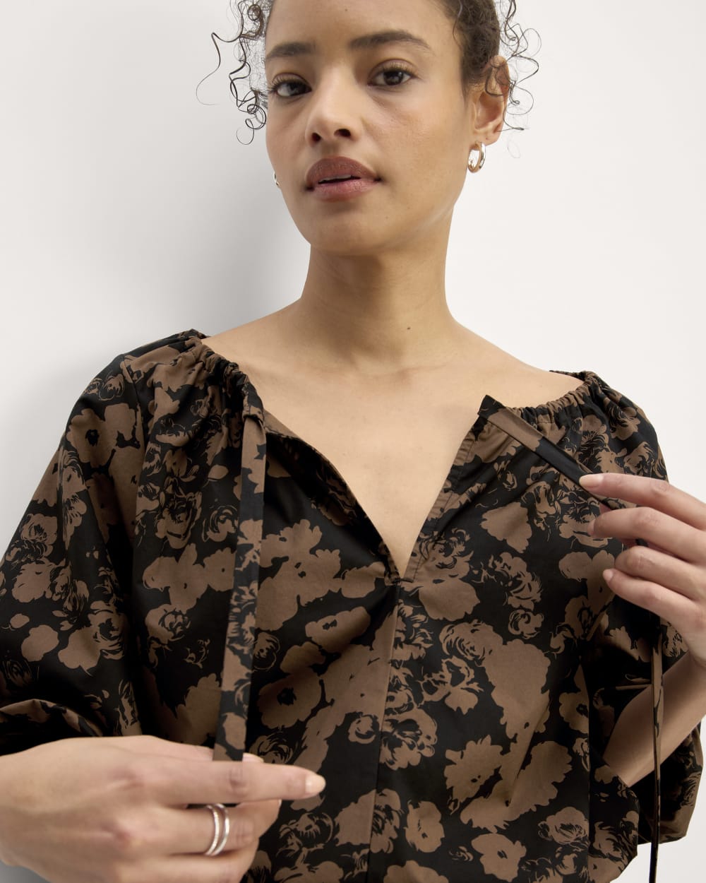 The Supima® Puff-Sleeve Top in Black / Cocoa Floral — detail view