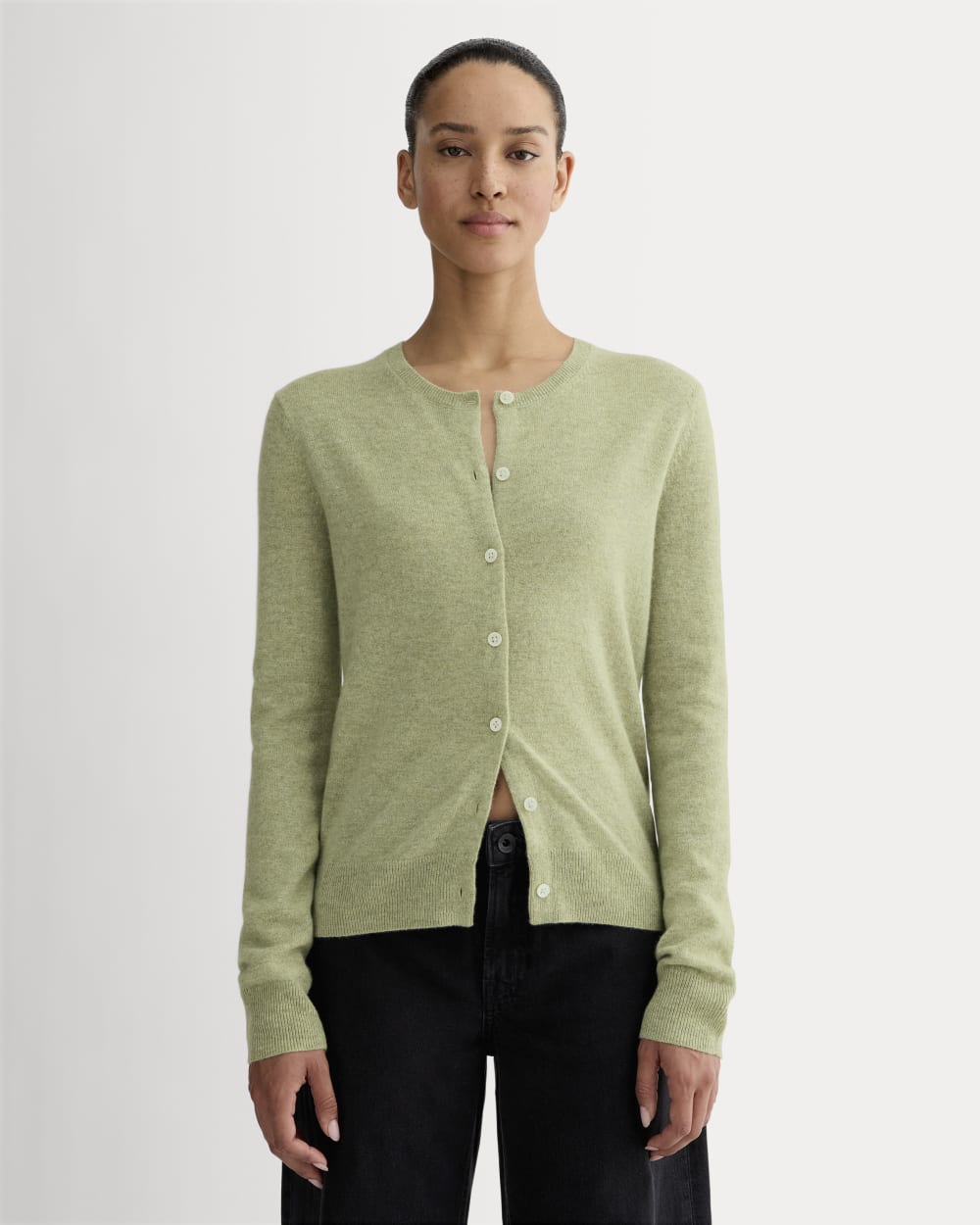 The Classic Cardigan in Cashmere in Light Heathered Moss — front view
