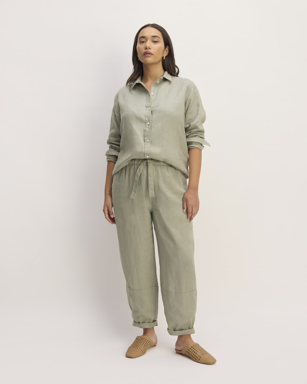 The Linen Pull-On Barrel Pant in Sage Green — front view