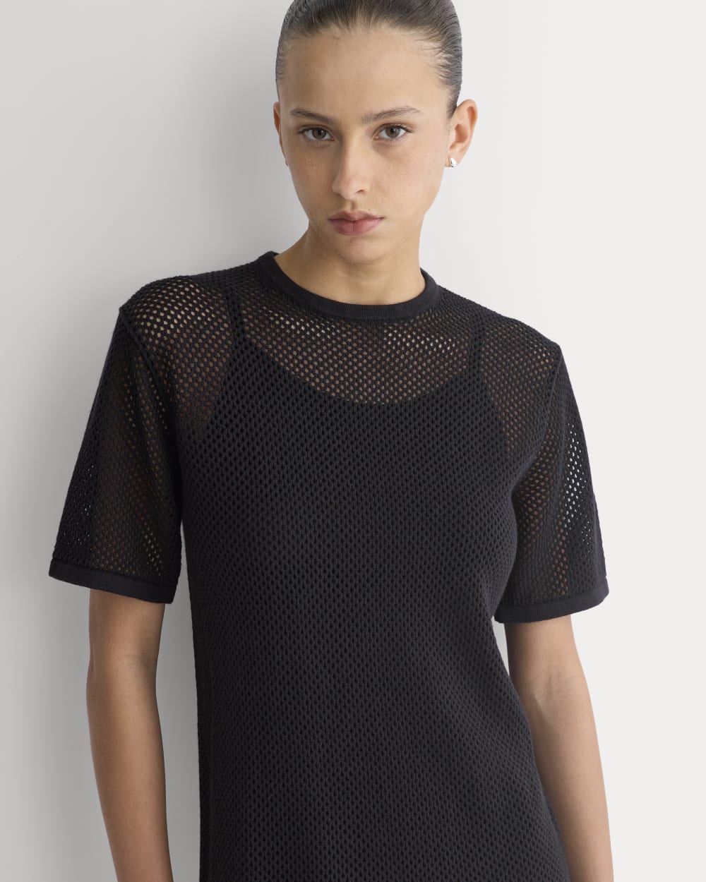 Mesh-Knit Short-Sleeve Dress in Black — detail view