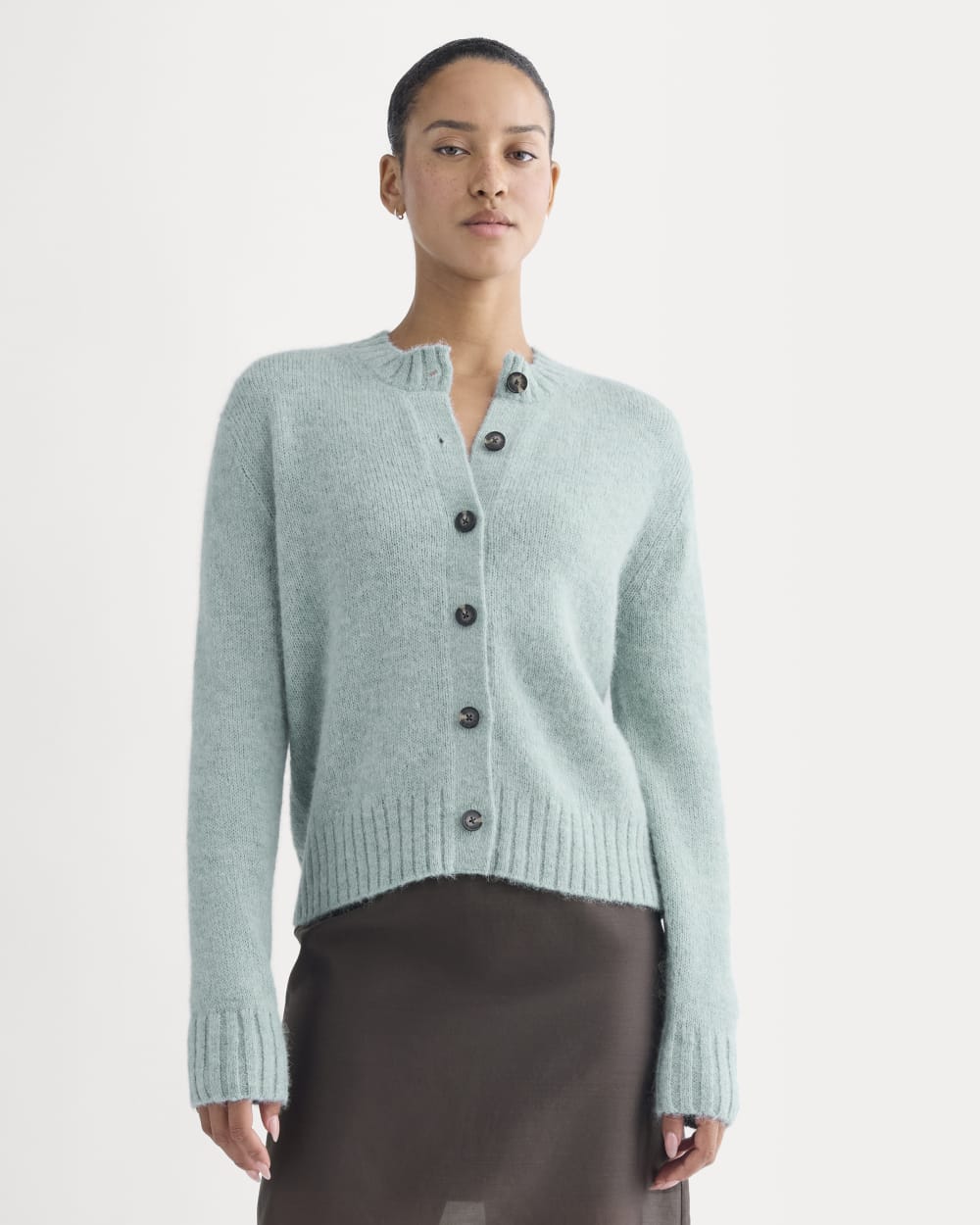 The Crew Cardigan in Alpaca in Heather Gray Mist — detail view