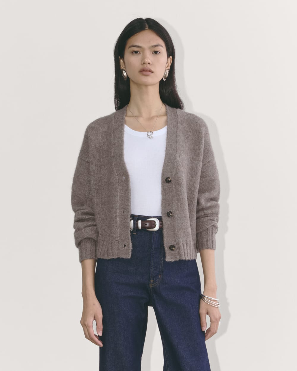 The Boxy Cardigan in Alpaca in Taupe Melange — front view