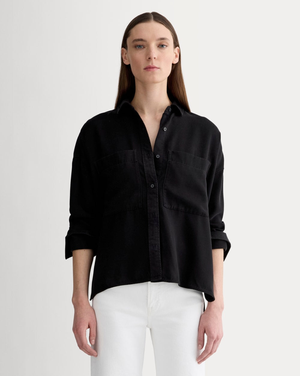 The Boxy Overshirt in Buttersoft in Black — front view