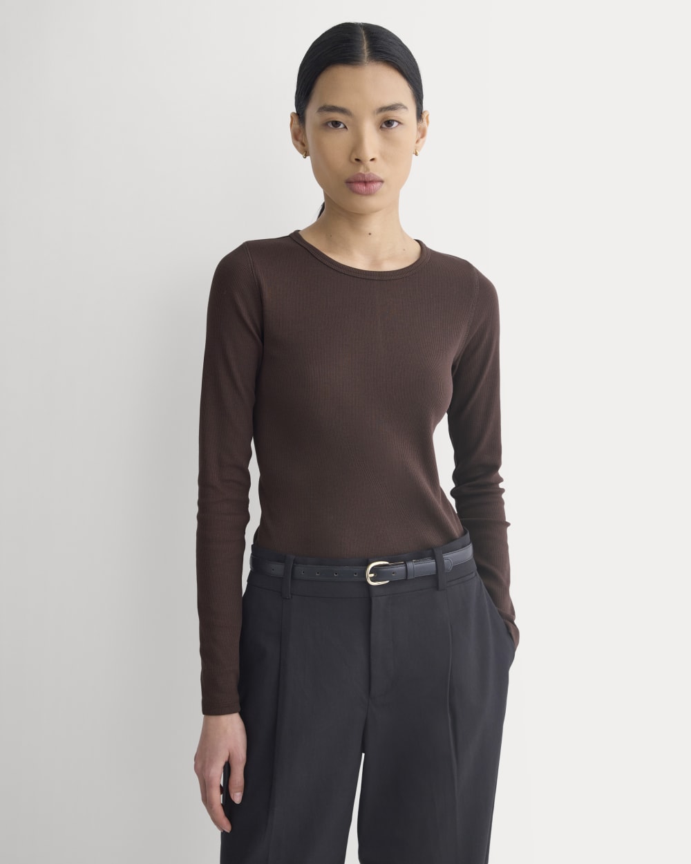The Luxe Rib Long-Sleeve Crew in Coffee Bean — front view