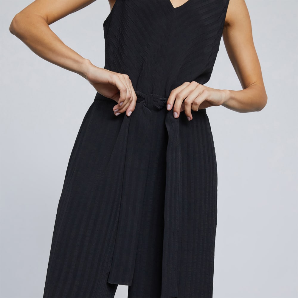 The City Stripe Draped Jumpsuit in Black — detail view