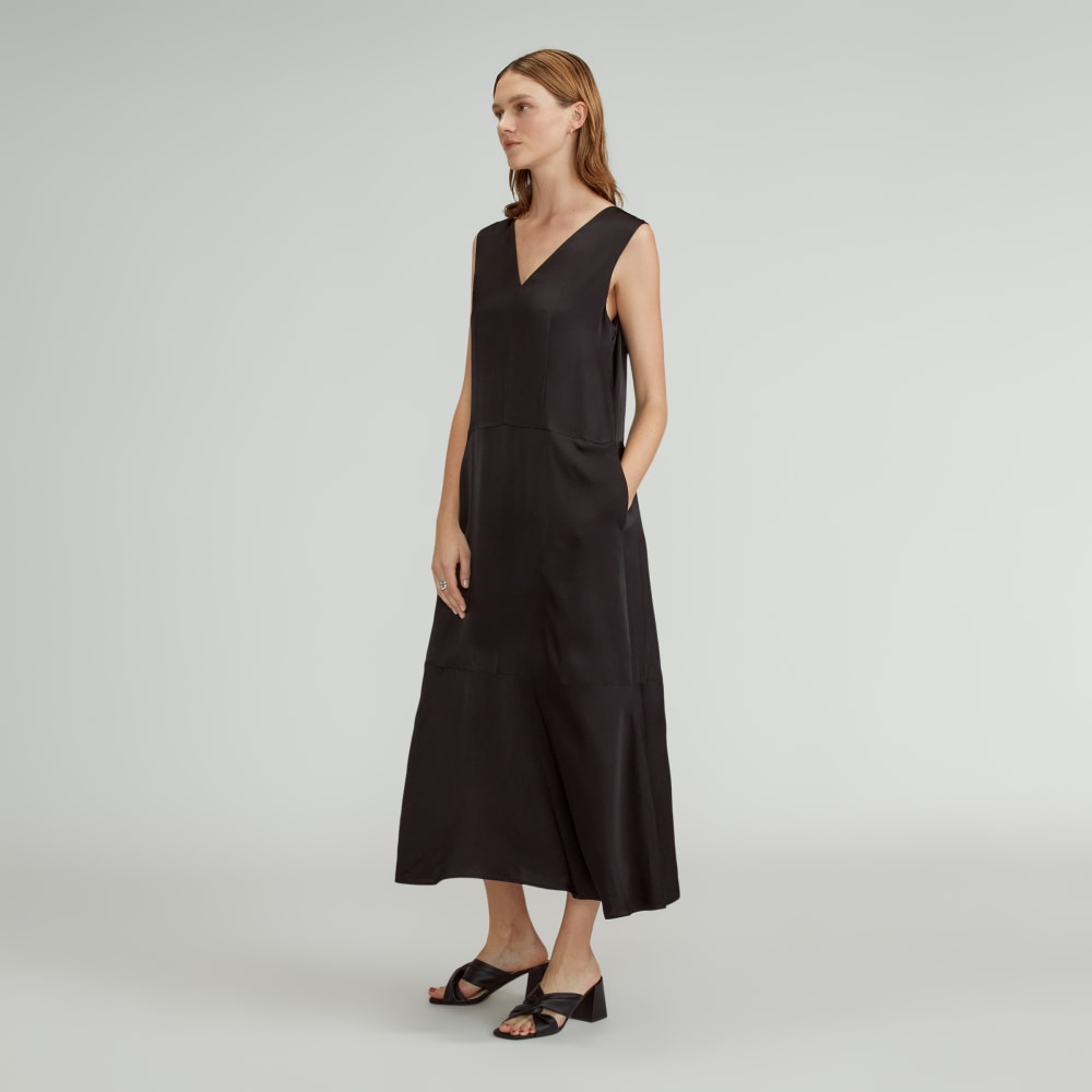 The Satin V-Neck Maxi Dress in Black — detail view