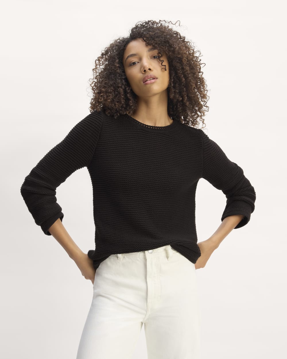 The Organic Cotton Open-Stitch Crew in Black — detail view