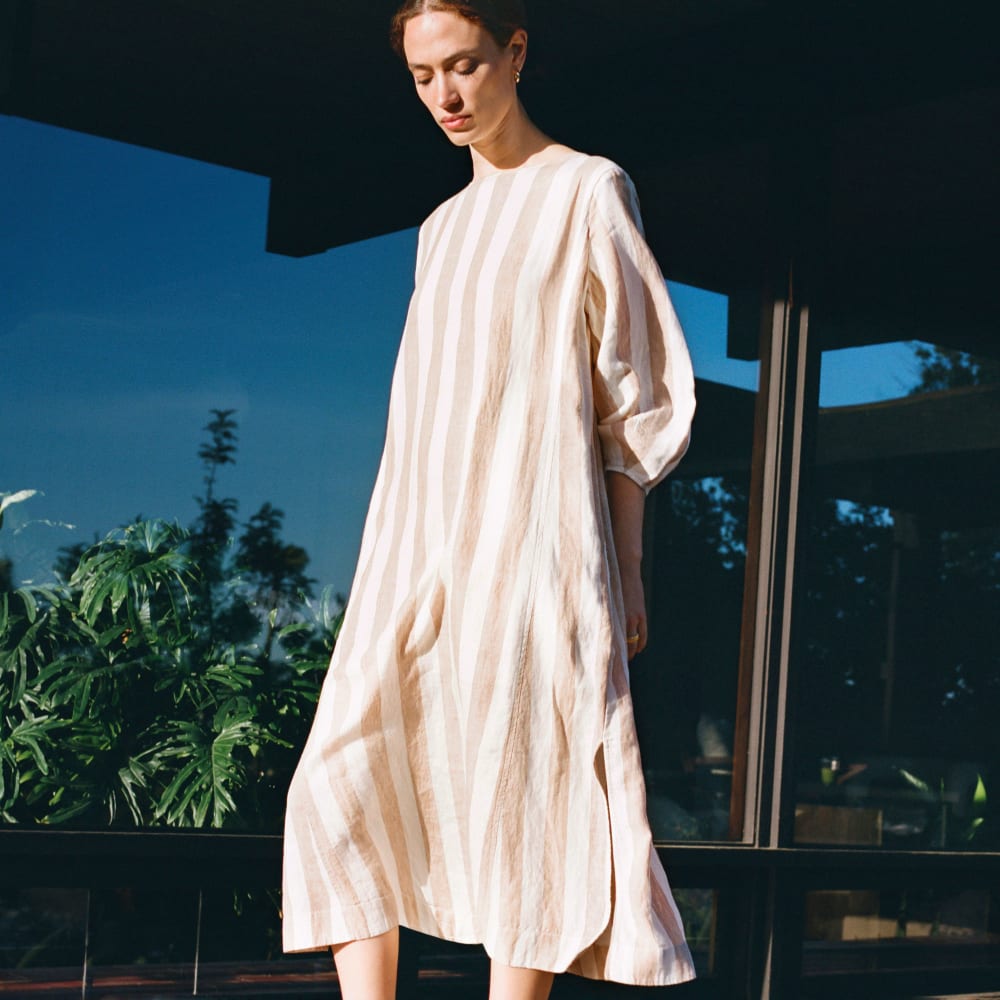 The Linen A-Line Midi Dress in Bone / Caramel — alternate view