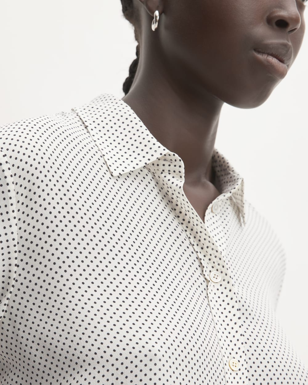 The Must-Have Shirt in Washable Silk in Bone / Black Polka Dot — detail view