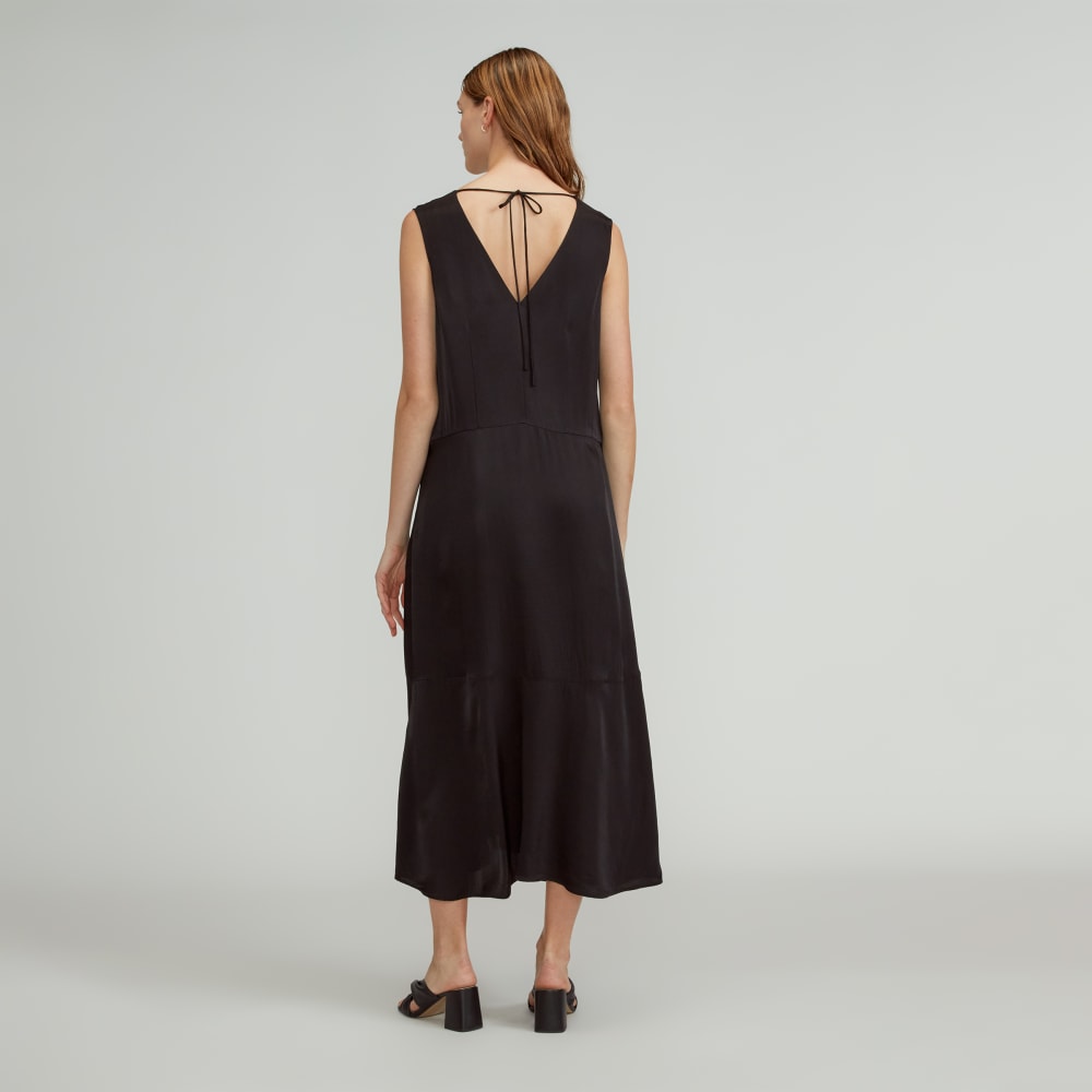 The Satin V-Neck Maxi Dress in Black — detail view