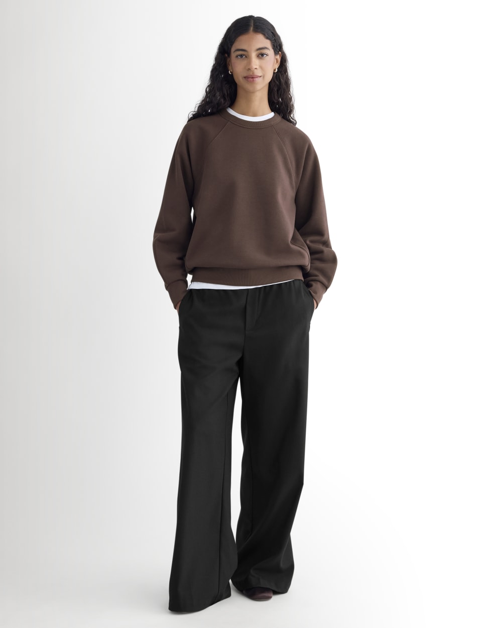 Luxe Fleece Raglan Crewneck in Dark Chocolate — detail view