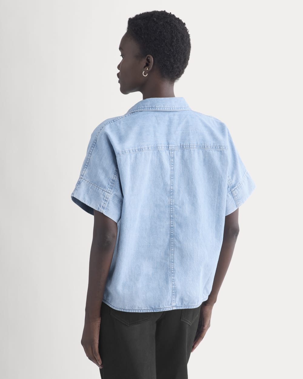 Cropped Boxy Denim Shirt in Light Indigo — detail view