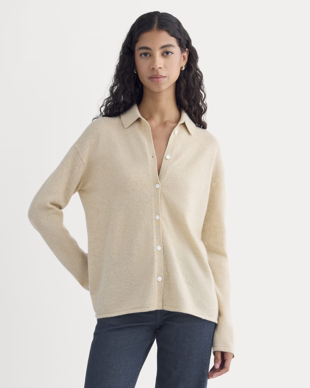 Cashmere Button-Up Shirt in Heather Light Camel — front view