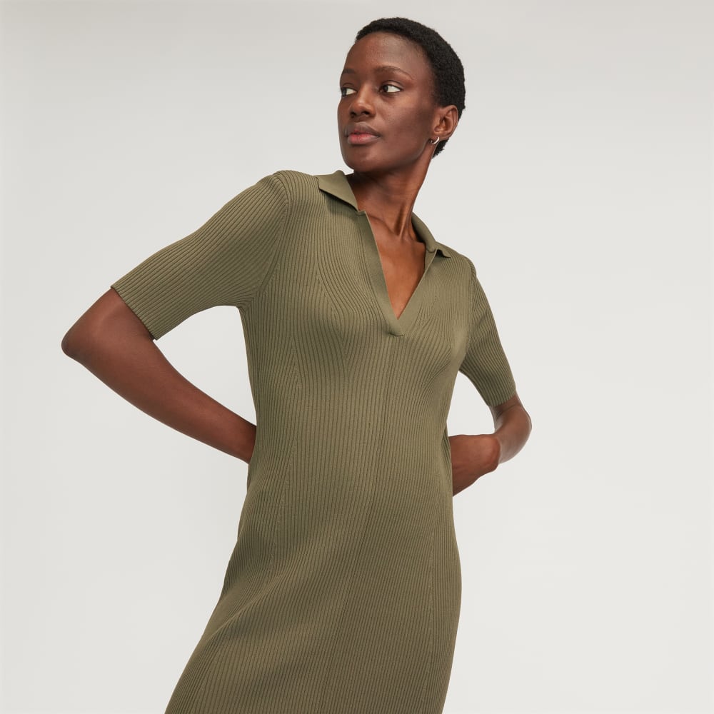 The Ribbed Short-Sleeve Polo Dress in Kalamata — detail view