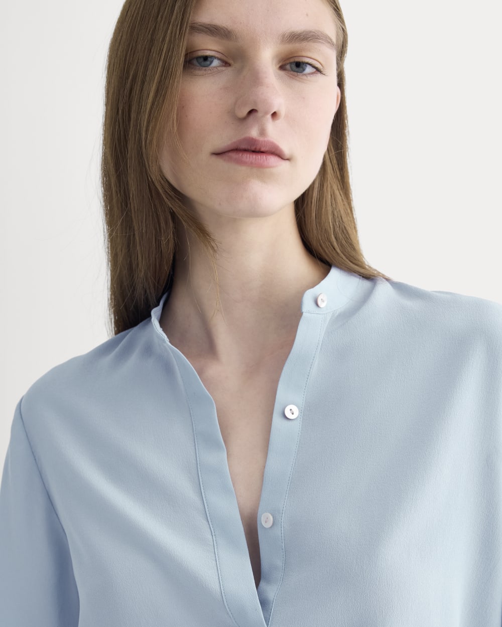 The Popover Top in Washable Silk in Soft Blue — detail view