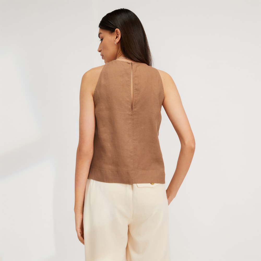 The Linen High-Neck Tank in Carob Brown — detail view