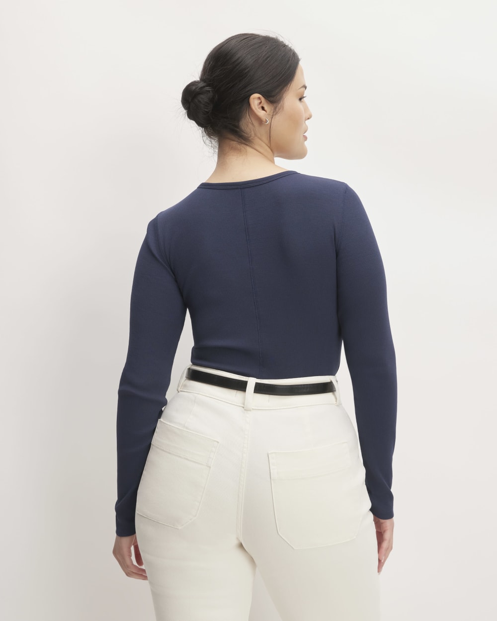 The Luxe Rib Long-Sleeve Crew in Navy — detail view