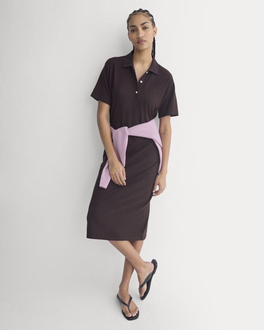 Pique Polo Short-Sleeve Dress in Dark Chocolate — front view