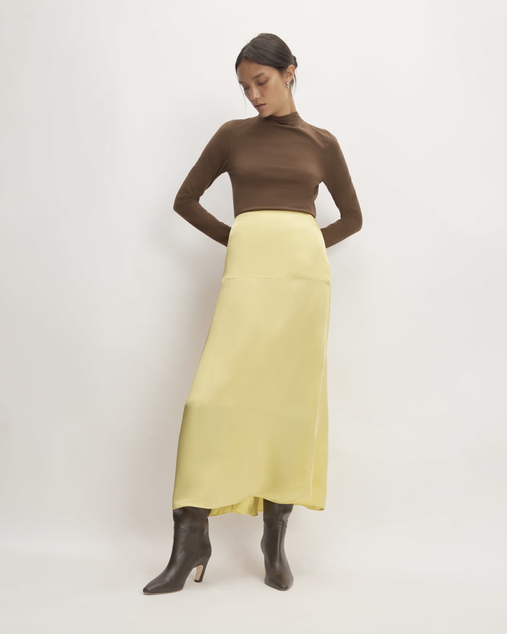 The Hammered Satin Slip Skirt in Raffia — front view
