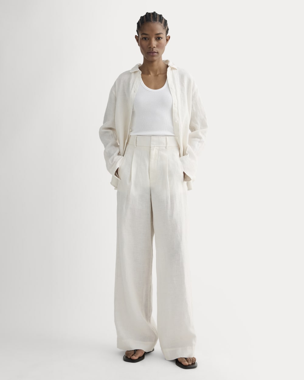 The Linen Way-High® Drape Pant in Natural Chambray — front view