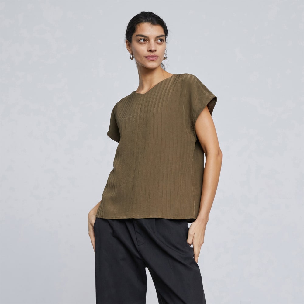 The City Stripe V-Neck Top in Beech — front view