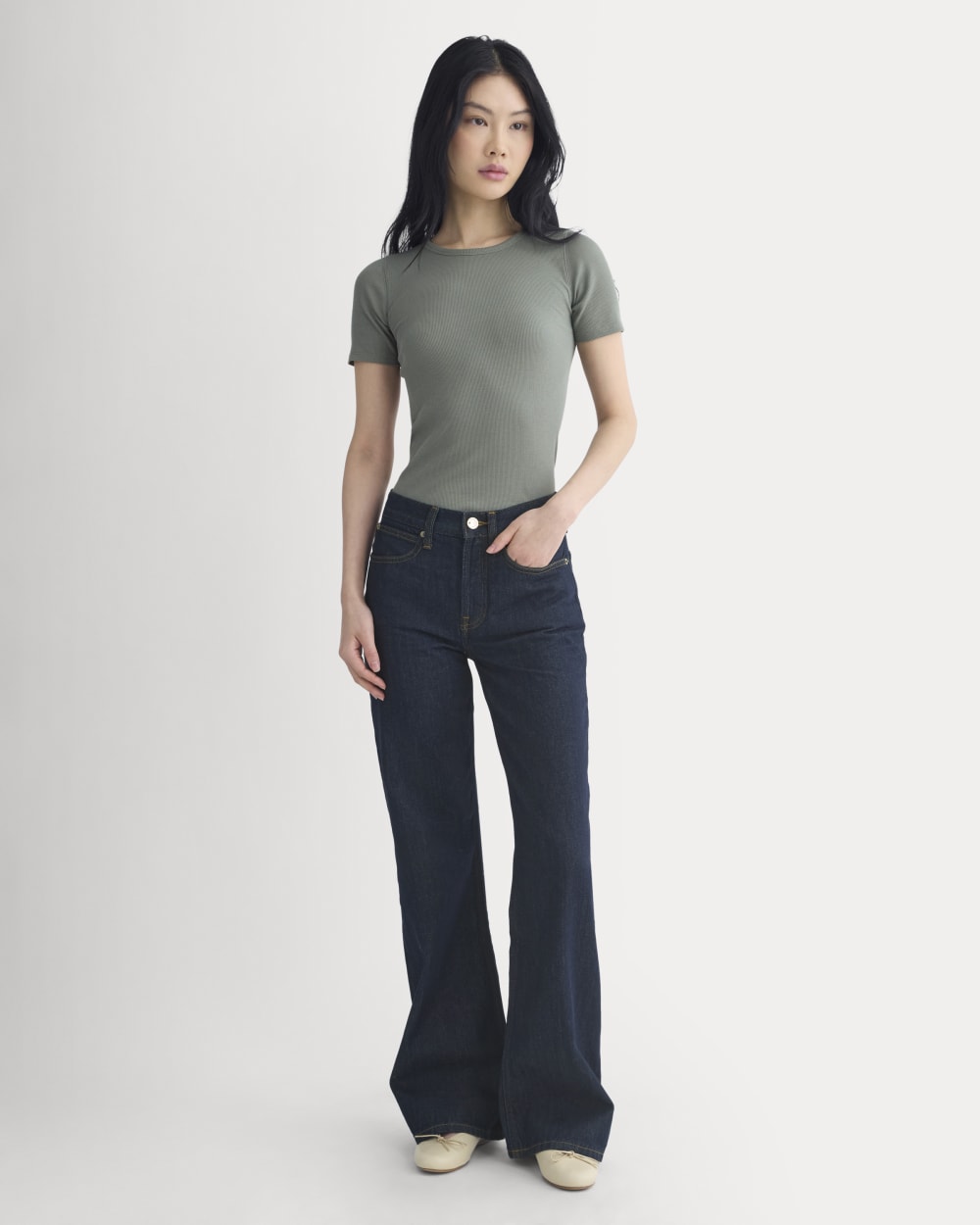 The Luxe Rib Crew in Agave Green — detail view