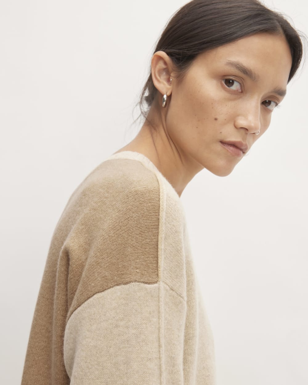 The Good Merino Wool Crewneck Sweater in Light Camel / Dark Oat — detail view
