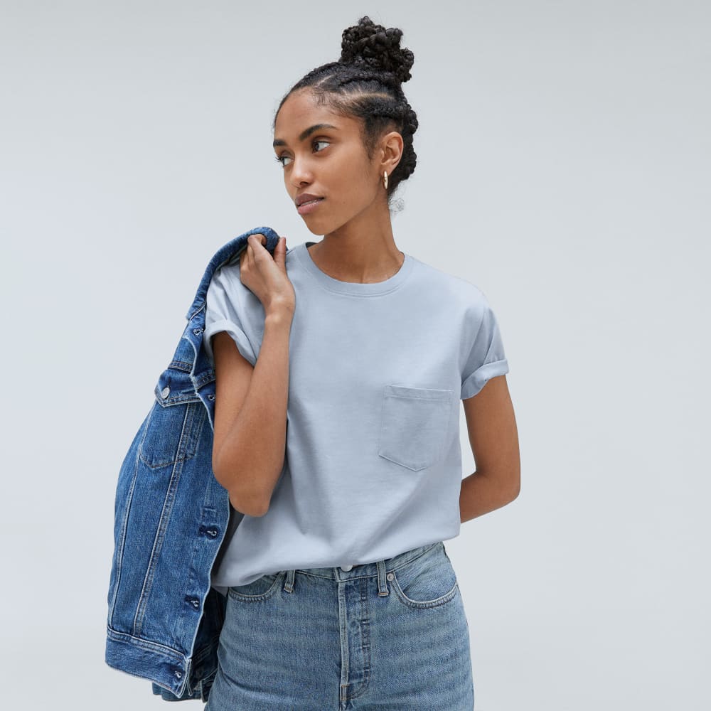 The Box-Cut Tee in Essential Cotton in Mist — detail view