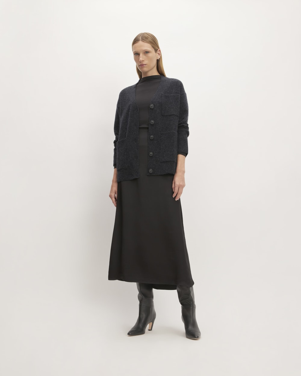 The Cozy-Stretch Relaxed Cardigan in Charcoal — detail view
