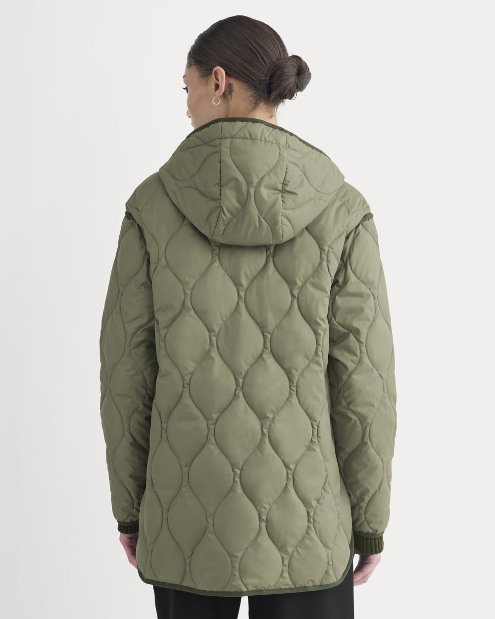 ReNew Quilted Hooded Liner in Lichen Green — detail view