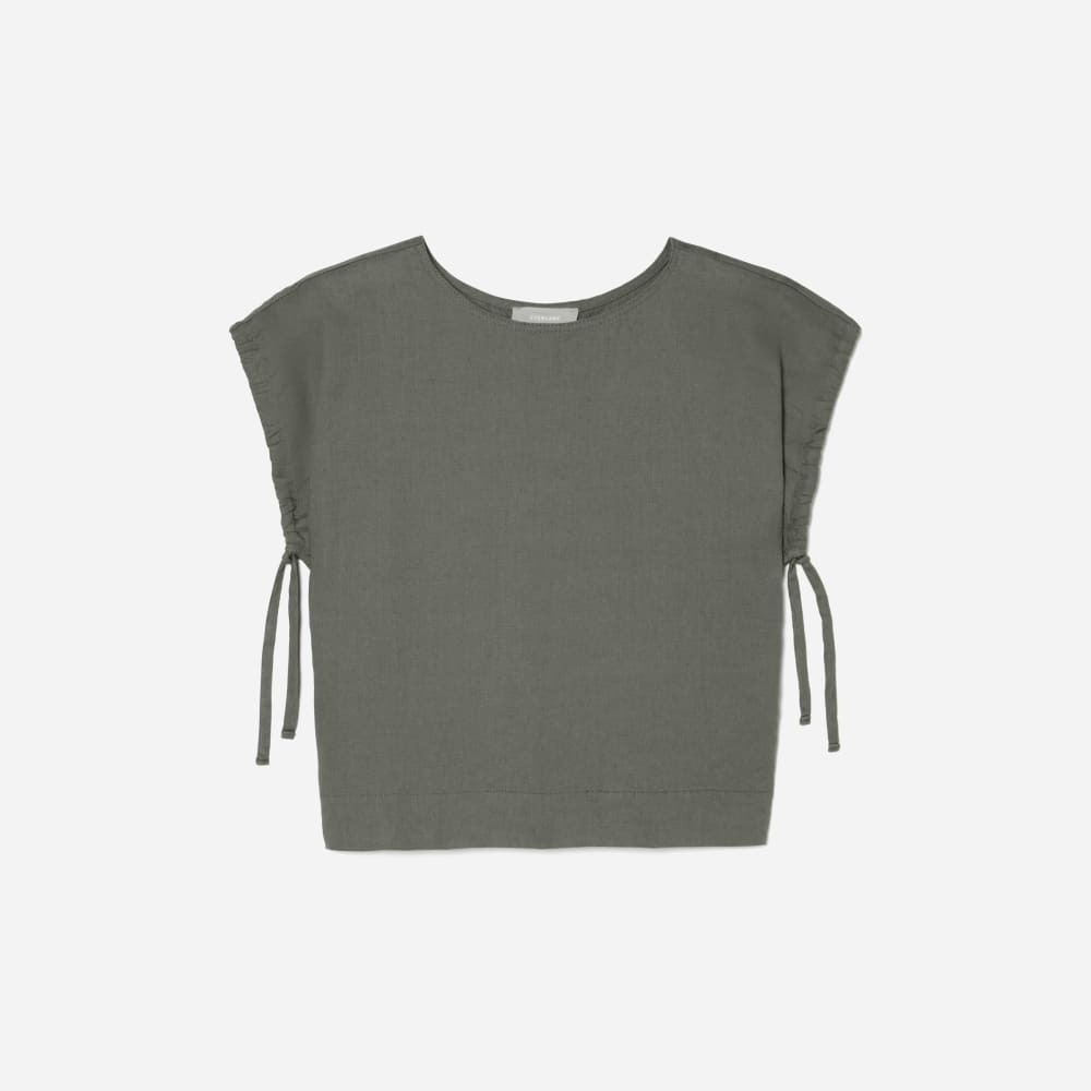 The Drawstring Tunic in Pewter Green — front view