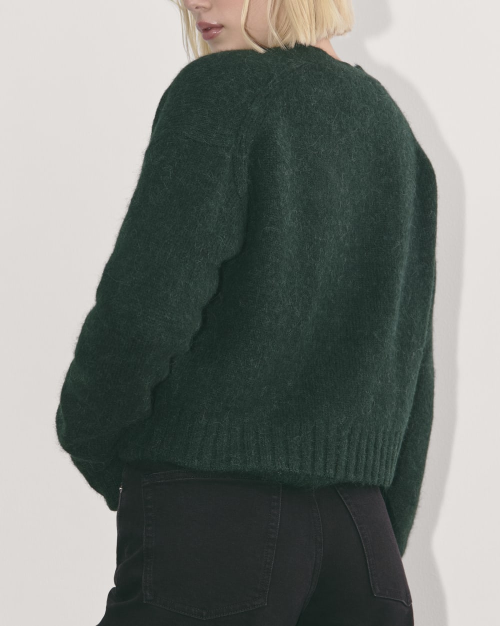 The Boxy Cardigan in Alpaca in Scarab — detail view