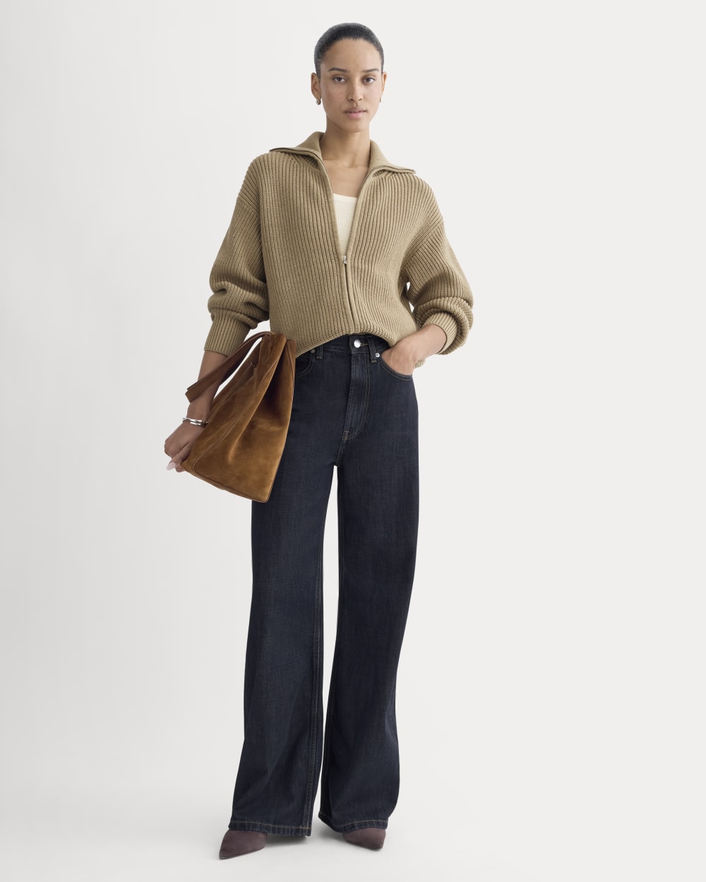 The Full-Zip Sweater in Everyday Cotton in Dark Heathered Camel — detail view