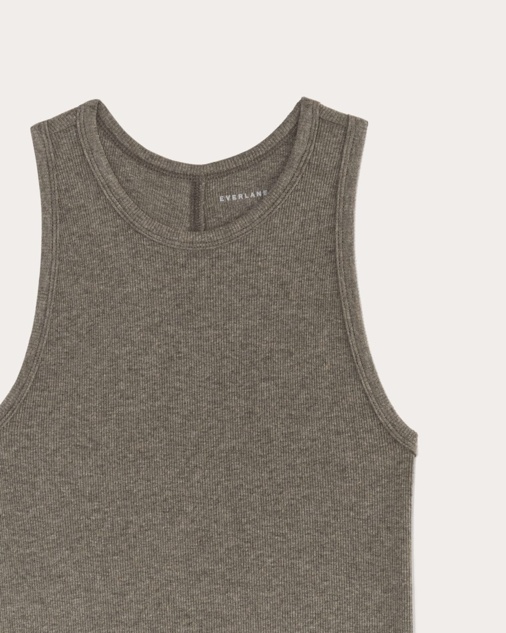 The Luxe Rib Racerback Tank in Heathered Fatigue — detail view