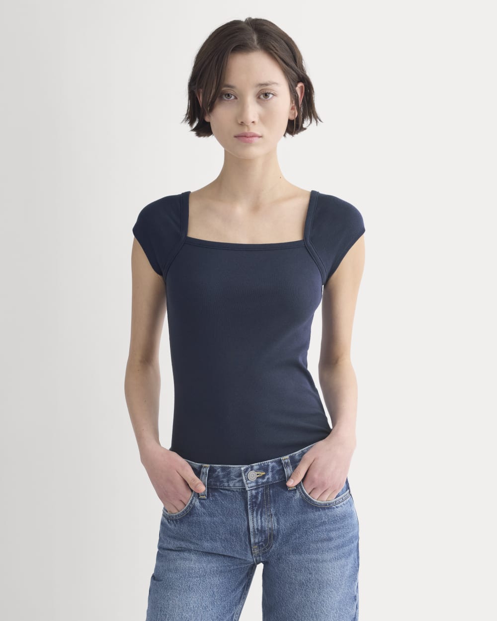 RetroSoft Cotton Square-Neck Tee in Navy — front view