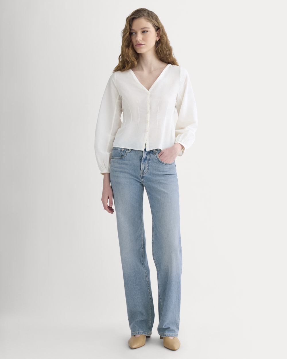 Balloon Sleeve Top in Cotton Silk in Bone — detail view