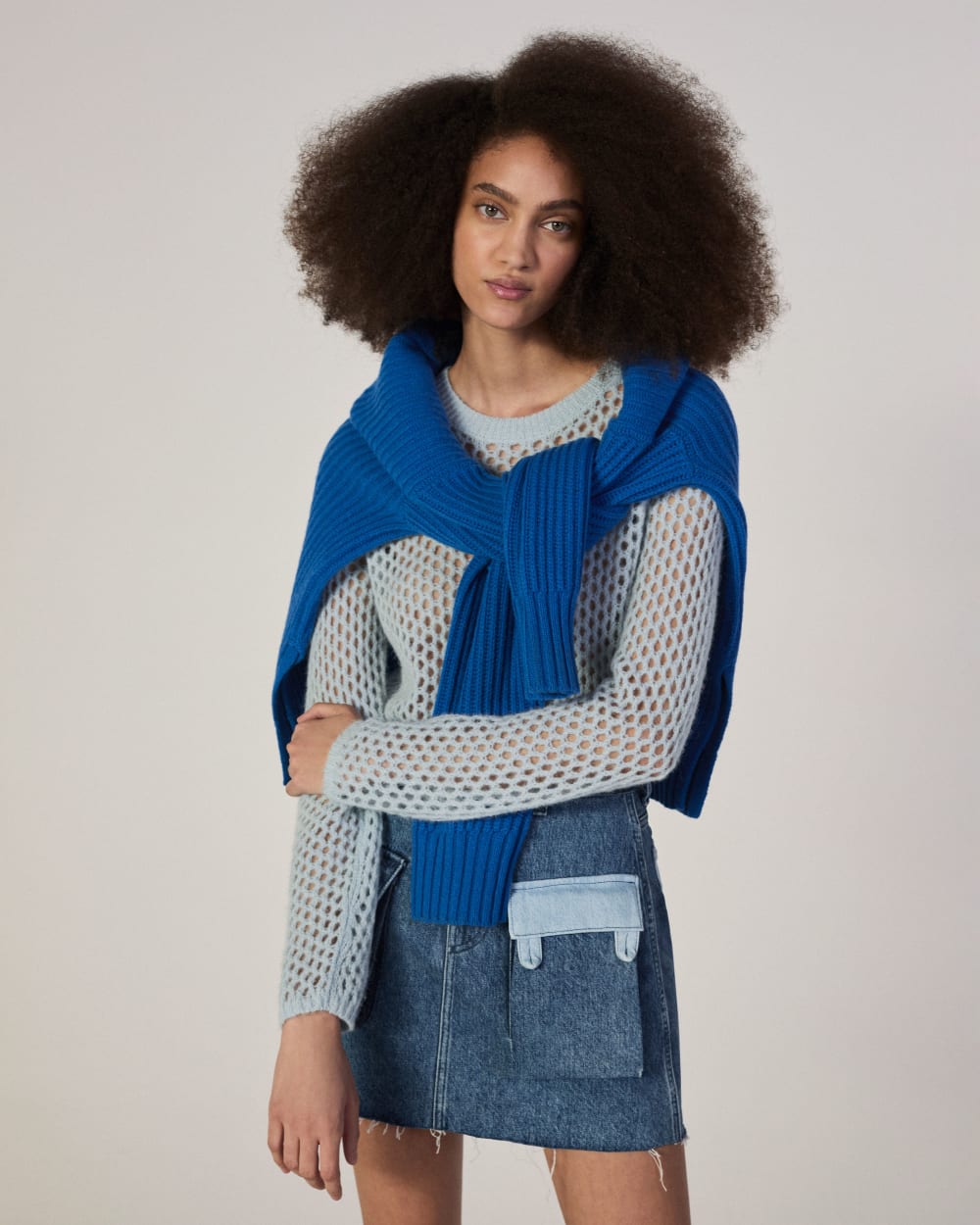 The Everlane x Marques' Almeida Denim Patchwork Mini Skirt in Diamond Blue — front view