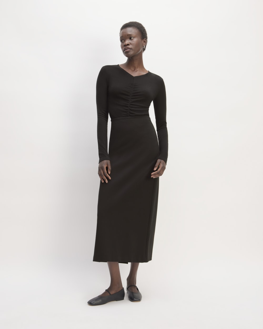 The Ruched V-Neck Tee in Butterluxe in Black — detail view