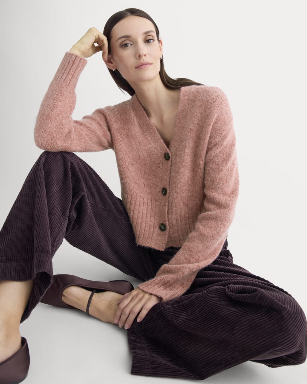 High V Cropped Cardigan in Alpaca in Heather Ash Rose — front view