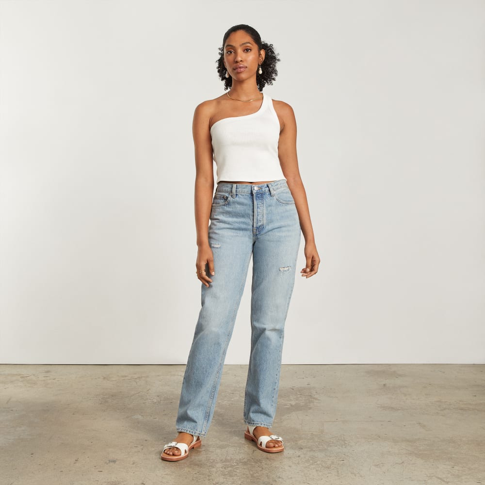The Ribbed One-Shoulder Tank in White — detail view