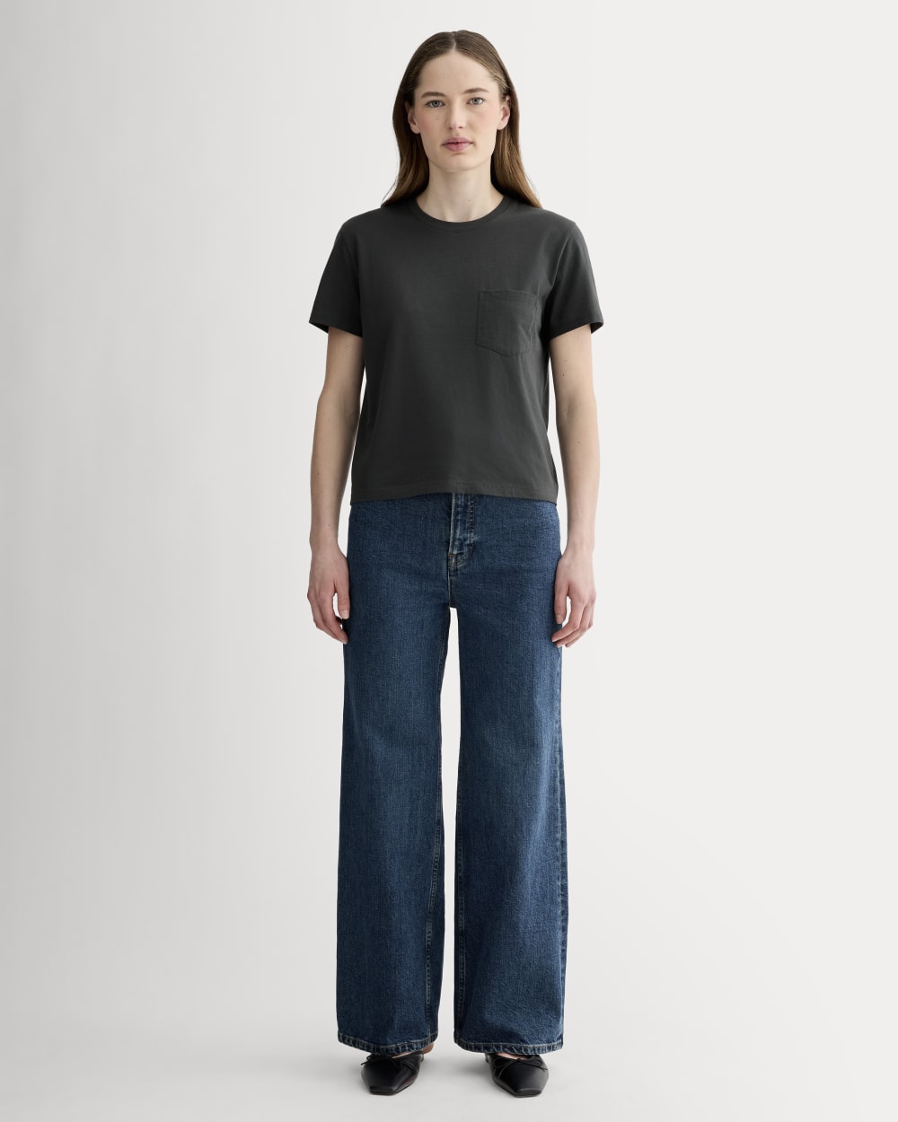 The Box-Cut Tee in Essential Cotton in Washed Black — detail view