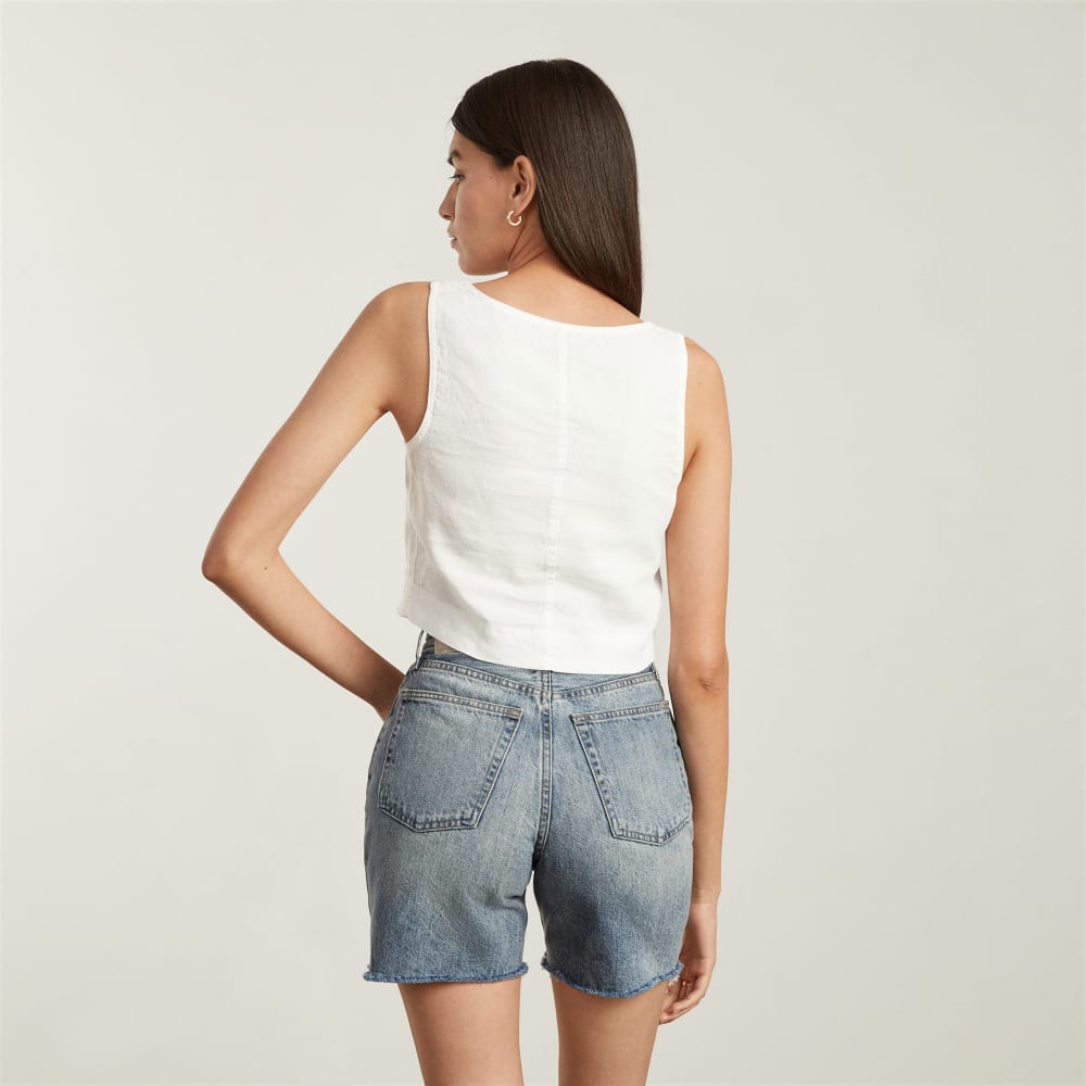 The Linen Button-Front Crop Tank in White — detail view